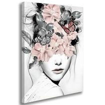 Quadro Decorativo Rosto Mulher Flores Borboletas Tela Grande 60x85cm Sala Quarto Salão