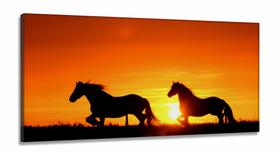 Quadro Decorativo Sala Cavalos Por Do Sol Animais em Tecido Canvas 130x60