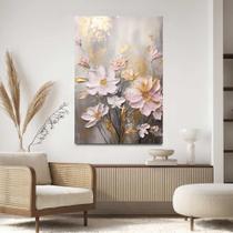 Quadro Decorativo Sala Flores Douradas Elegante Tecido Canvas Quadro Decorativo Sala Flores Douradas Elegante Tecido Canvas