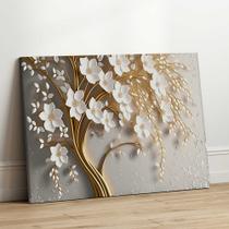 Quadro Decorativo Sala Jantar Quarto Dourado Floral Flores Branca Grande Escritório Hall