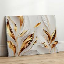 Quadro Decorativo Sala Jantar Quarto Floral Dourado Cinza Folhas Horizontal Grande Escritório Hall