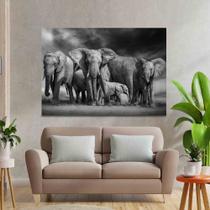Quadro decorativo sala Manada Elefante Preto e Branco 90x60