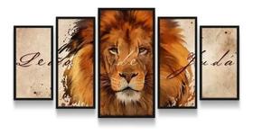Quadro Decorativo Sala Quarto 5 Peças Animais Leão Judá