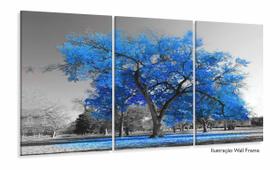 Quadro Decorativo Sala Quarto Árvore Grande Azul 120x60 3 peças