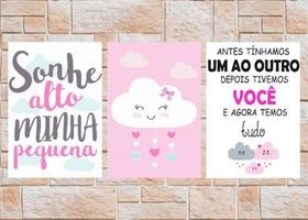 Quadro Decorativo Sonhe Alto MInha Pequena Nuvem Quarto Infantil Menina Kit 3 peças 20x30cm