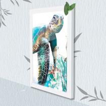 Quadro Decorativo Tartaruga Aquarela + Vidro 33x25 Estudio