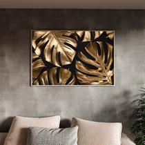 Quadro Decorativo Tela Canvas Flores e Folhas Golden Monstera Com Moldura Prata - 180x120 cm - Tendenci