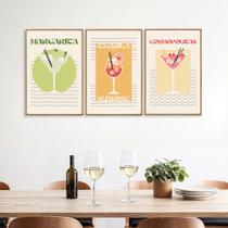 Quadro Decorativo Temático Drinks Tons Pastéis com 3 Telas 50x75 e 60x90 para Quarto Hall Lavabo