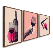 Quadro Decorativo Temático Kit de Vinhos com 3 Telas 50x75 e 60x90 para Quarto Hall Lavabo