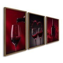 Quadro Decorativo Temático Taças de Vinho Vermelho e Preto com 3 Telas 50x75 e 60x90 para Quarto Hall Lavabo