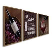 Quadro Decorativo Temático Vinhos A Vida é Curta com 3 Telas 50x75 e 60x90 para Quarto Hall Lavabo