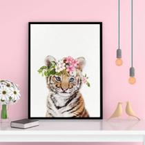Quadro Decorativo Tigrinho Coroa De Flores 34x23cm