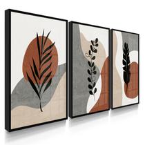 Quadro Decorativo Trio Boho Flores Escuras Decoração para Sala 55x40 com Moldura e Vidro