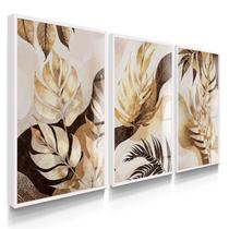 Quadro Decorativo Trio Botânico Arte Floral Ouro Flores Sala Kit com Vidro Quadro Decorativo Trio Botânico Arte Floral Ouro Flores Sala Kit com Vidro