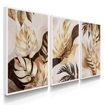Quadro Decorativo Trio Botânico Ouro Floral Sala Luxo Moderna Kit 70x50 com Moldura Quadro Decorativo Trio Botânico Ouro Floral Sala Luxo Moderna Kit 70x50 com Moldura