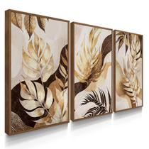 Quadro Decorativo Trio Botânico Ouro Floral Sala Luxo Moderna Kit 70x50 com Moldura Quadro Decorativo Trio Botânico Ouro Floral Sala Luxo Moderna Kit 70x50 com Moldura
