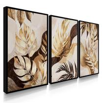Quadro Decorativo Trio Botânico Ouro Floral Sala Luxo Moderna Kit 70x50 com Moldura Quadro Decorativo Trio Botânico Ouro Floral Sala Luxo Moderna Kit 70x50 com Moldura