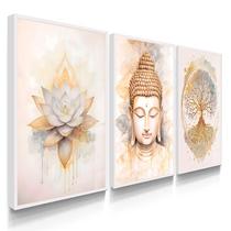 Quadro Decorativo Trio Buda Flor de Lotus e Arvore Sala Harmonia 70x50 com Vidro