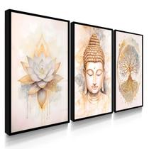 Quadro Decorativo Trio Buda Flor de Lotus e Arvore Sala Harmonia 70x50 com Vidro