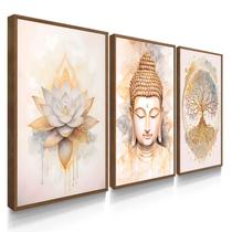 Quadro Decorativo Trio Buda Flor Lotus e Arvore Kit Sala Quarto 55x40 com Moldura