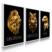Quadro Decorativo Trio Disciplina Dourado Leão Execução Motivação com Moldura