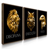 Quadro Decorativo Trio Disciplina Dourado Leão Execução Motivação com Moldura