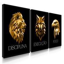Quadro Decorativo Trio Disciplina Dourado Leão Execução Motivação com Moldura