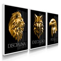 Quadro Decorativo Trio Disciplina Dourado Leão Lobo Foco Decoração Escritório 70x50 com Vidro Quadro Decorativo Trio Disciplina Dourado Leão Lobo Foco Decoração Escritório 70x50 com Vidro