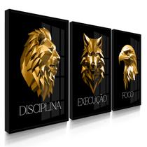 Quadro Decorativo Trio Disciplina Dourado Leão Lobo Foco Decoração Escritório 70x50 com Vidro Quadro Decorativo Trio Disciplina Dourado Leão Lobo Foco Decoração Escritório 70x50 com Vidro