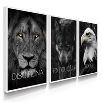 Quadro Decorativo Trio Disciplina Execução Leão Sala escritório 70x50 com Moldura