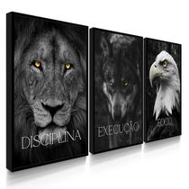 Quadro Decorativo Trio Disciplina Execução Leão Sala escritório 70x50 com Moldura