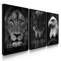 Quadro Decorativo Trio Disciplina Foco Execução Leão Kit 70x50 com Moldura