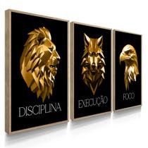 Quadro Decorativo Trio Disciplina Leão Lobo Águia Dourado Arte Moderna Casa 70x50 com Moldura
