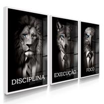 Quadro Decorativo Trio Disciplina Terno Leão Executivo Sala Escritório Kit com Vidro