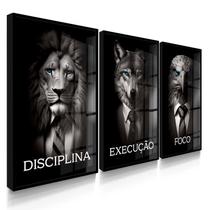 Quadro Decorativo Trio Disciplina Terno Leão Executivo Sala Escritório Kit com Vidro
