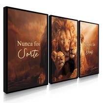 Quadro Decorativo Trio Família Leão Sorte Deus Fé Amor Paixão Sala Kit com Moldura