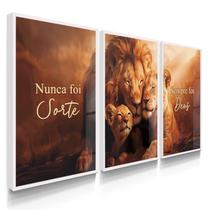 Quadro Decorativo Trio Família Leão Sorte Deus Fé Sala 70x50 Kit com Vidro