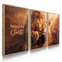 Quadro Decorativo Trio Família Leão Sorte Deus Fé Sala 70x50 Kit com Vidro
