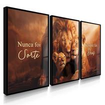 Quadro Decorativo Trio Família Leão Sorte Deus Fé Sala 70x50 Kit com Vidro