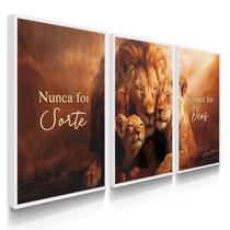 Quadro Decorativo Trio Família Sorte Leão Rei Deus Sala Escritório 70x50 Kit com Moldura