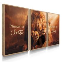 Quadro Decorativo Trio Família Sorte Leão Rei Deus Sala Escritório 70x50 Kit com Moldura