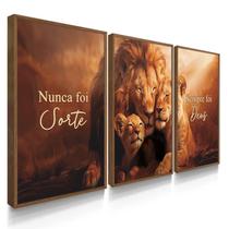 Quadro Decorativo Trio Família Sorte Leão Rei Deus Sala Escritório 70x50 Kit com Moldura