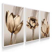 Quadro Decorativo Trio Flor Cobre Flores Bege Sala 70x50 com Moldura Quadro Decorativo Trio Flor Cobre Flores Bege Sala 70x50 com Moldura