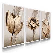 Quadro Decorativo Trio Flor Cobre Flores Escuro Linda Sala Presente 70x50 com Vidro