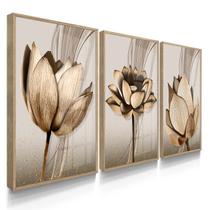 Quadro Decorativo Trio Flor Cobre Flores Escuro Linda Sala Presente 70x50 com Vidro