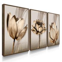 Quadro Decorativo Trio Flor Cobre Flores Escuro Linda Sala Presente 70x50 com Vidro