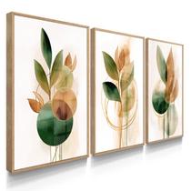 Quadro Decorativo Trio Flor Flores Verdes Folhas para Sala 70x50 com Vidro