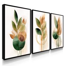 Quadro Decorativo Trio Flor Flores Verdes Folhas para Sala 70x50 com Vidro