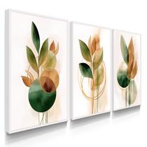 Quadro Decorativo Trio Flor Folhas Verdes Sala Linda 70x50 com Moldura