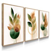 Quadro Decorativo Trio Flor Folhas Verdes Sala Linda 70x50 com Moldura